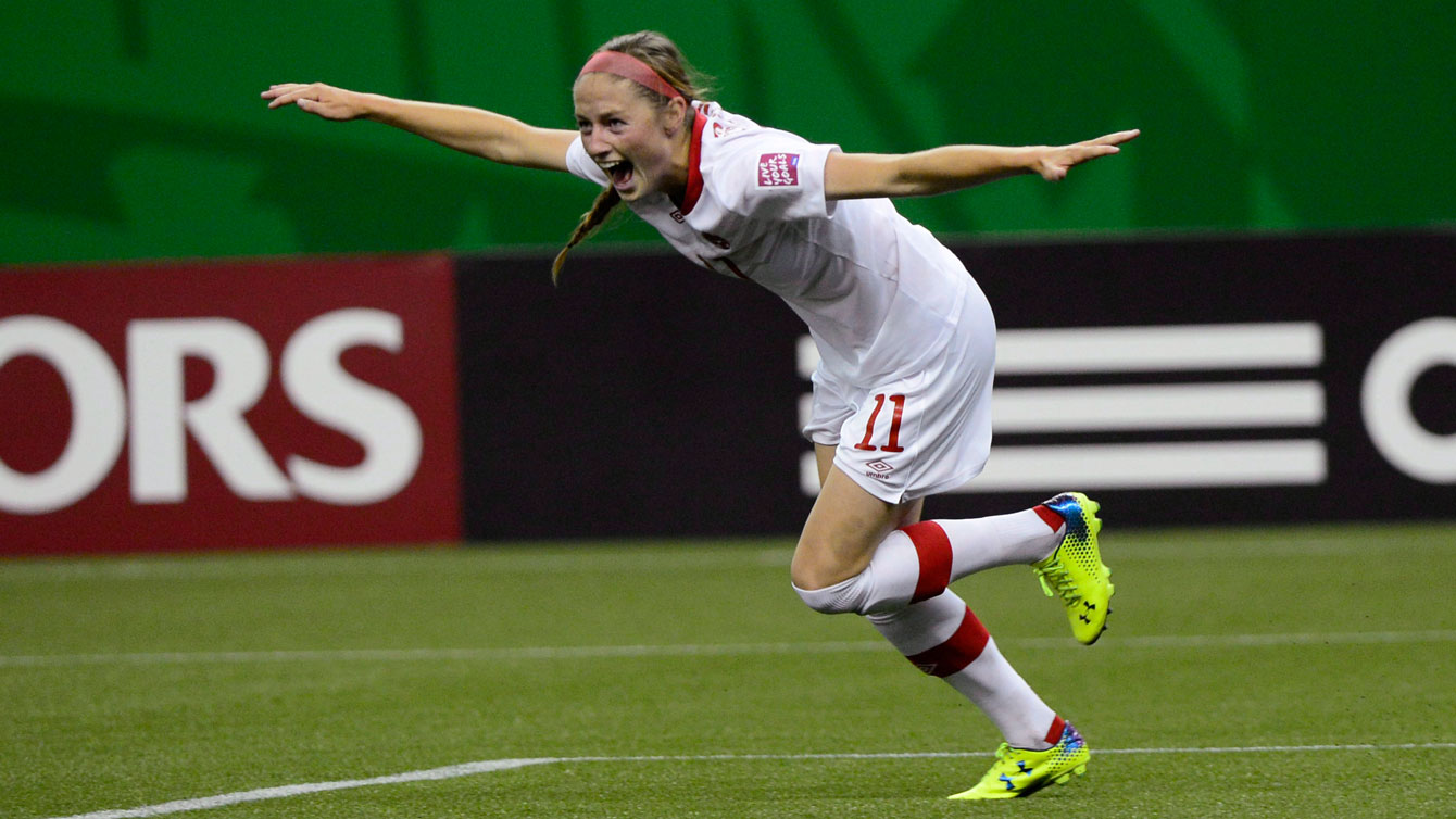 Janine Beckie celebrates a goal against North Korea in the FIFA U-20 Women's World Cup on August 12, 2015. 