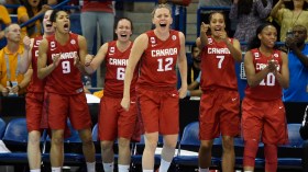 Team Canada's women's basketball team celebrates winning gold
