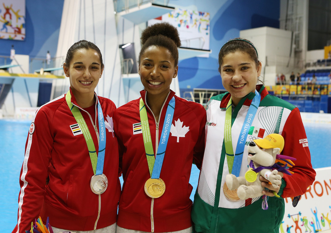 Pamela Ware of Canada wins Silver, Jennifer Abel of Canada wins Gold and Dolores Hernandez of Mexico wins Bronze