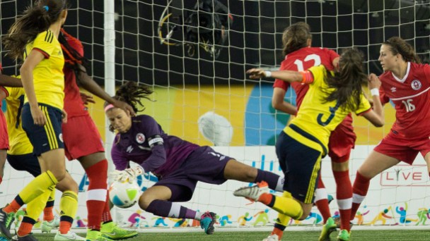Stephanie Labbe Canadian goalkeeper Stephanie Labbe stops a shot during Pan Am Games football semifinal against Colombia on July 22, 2015.