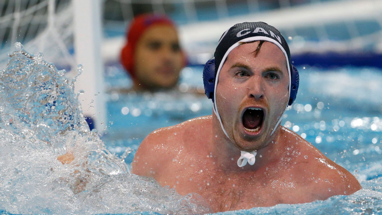 John Conway celebrates after scoring one of his three goals against Brazil at Pan Am Games on July 7, 2015.