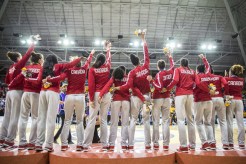 Canada's women's basketball team moments after receiving their gold medals (COC photo by David Jackson).