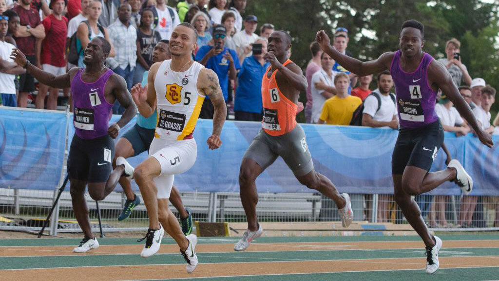 Andre DeGrasse wins the 100m national title in Edmonton on July 3, 2015 ahead of Canadian teammates Aaron Brown (4), Justyn Warner (7) and Gavin Smellie (6). Photo via Athletics Canada.