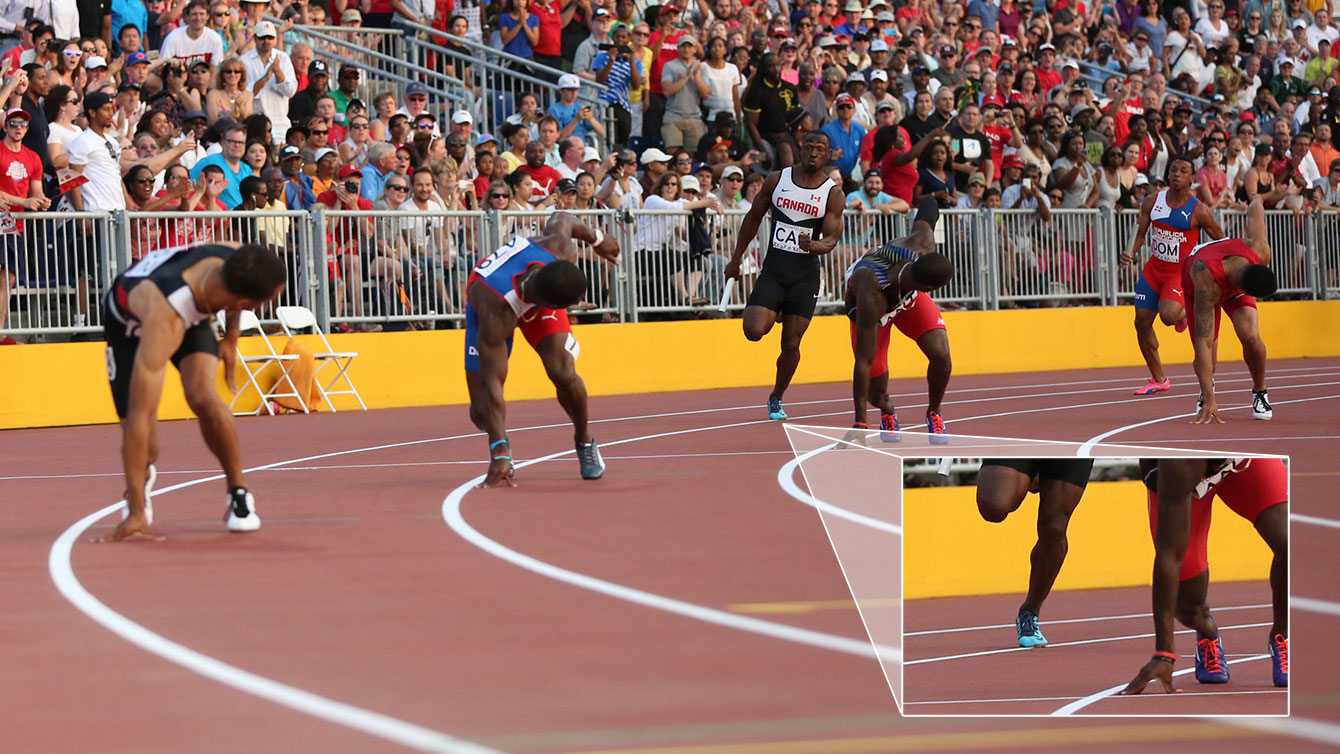 Photo appears to show Gavin Smellie stepping on the line separating lanes seven and eight ever so slightly during men's TO2015 4x100m final. Canada crossed the finish line in Pan Am Games record time, however this singular incident was reportedly protested by three countries that befitted at Canada's expense. 