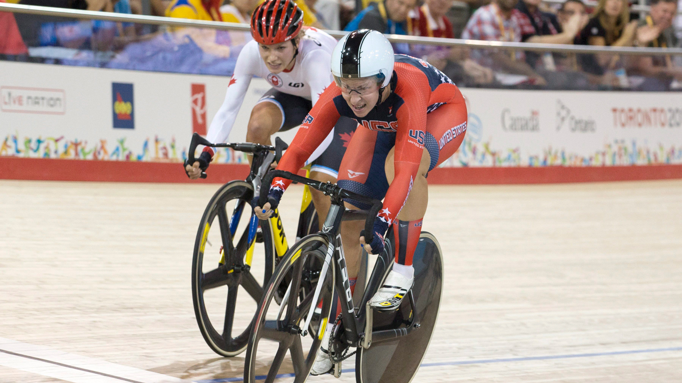 Jasmin Glaesser (in red) of Canada finished second to Sarah Hammer of USA in the women's omnium on July 19, 2015. 