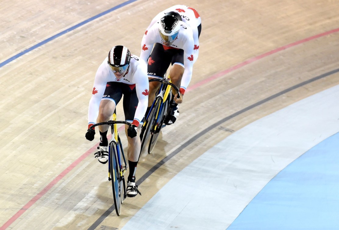 The men's sprint team of Hugo Barrette, Evan Carey and Joseph Veloce rode their way to gold. (Photo: Jason Ransom)