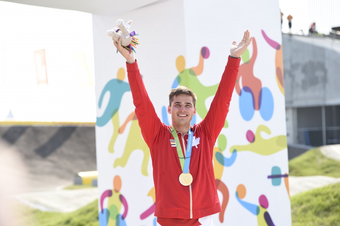 Tory Nyhaug of Canada wins the Gold Medal in Men's BMX