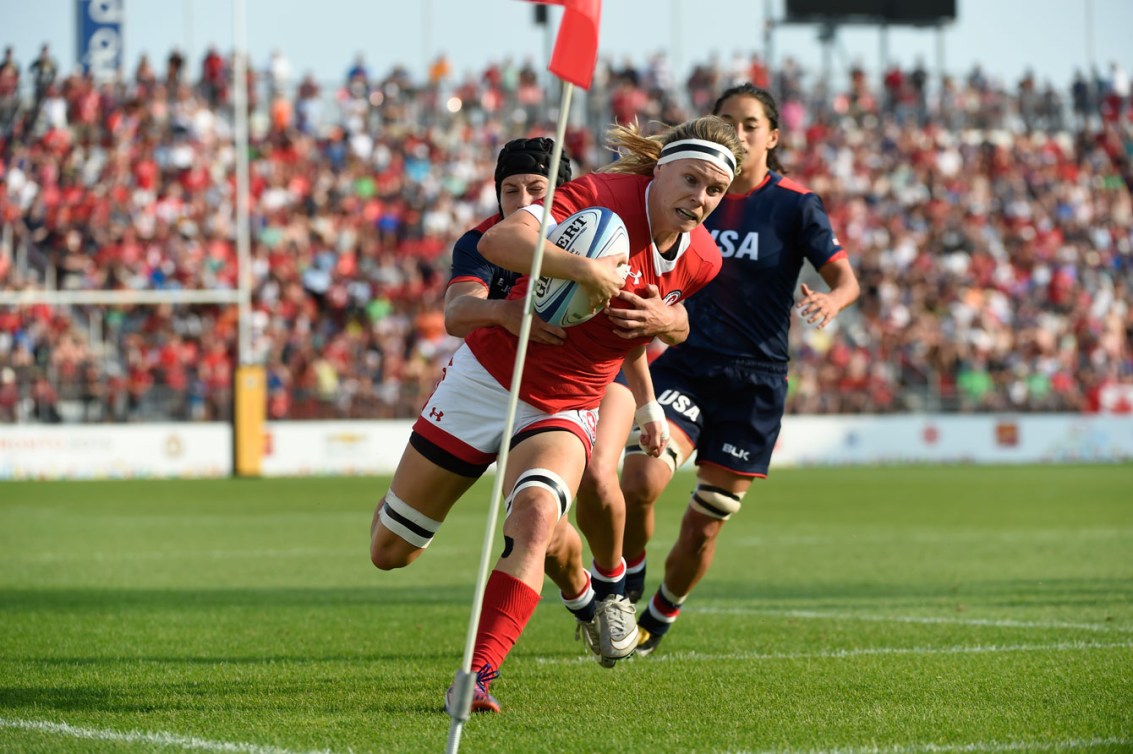 Karen Paquin eyes the try zone before making a final push for the score. (Photo: Jason Ransom)