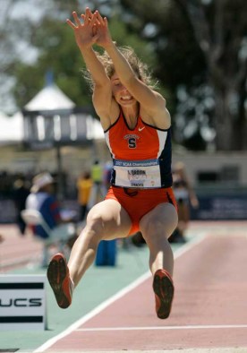 Jillian Drouin jumps in the heptathlon long jump at the NCAA track and field championships in Sacramento, 2007