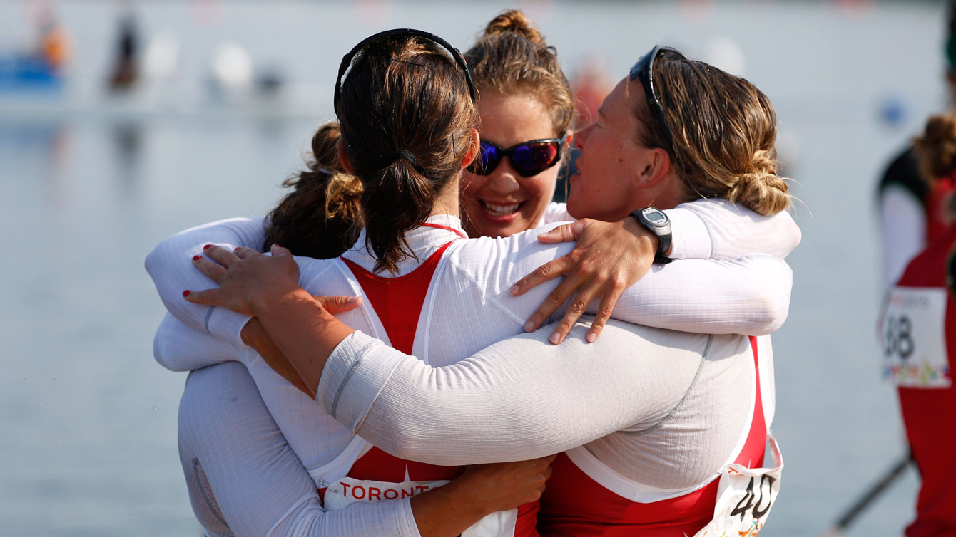 Women's kayak (K4 500m) team celebrates Pan Am gold on July 11, 2015 in Welland, Ontario. 