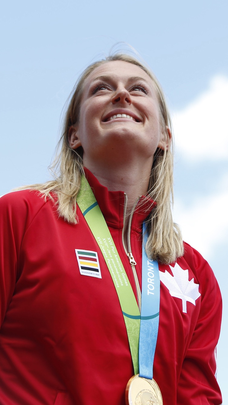 Liz Gleadle celebrates gold in the women's javelin