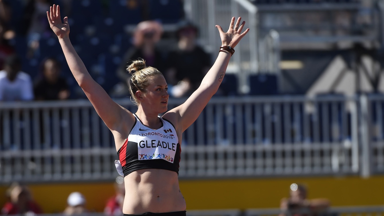 Liz Gleadle competes in the women's javelin at the Pan American Games in Toronto, July 21, 2015. Gleadle wins gold.