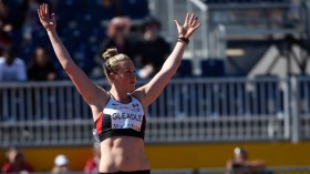 Liz Gleadle competes in the women's javelin