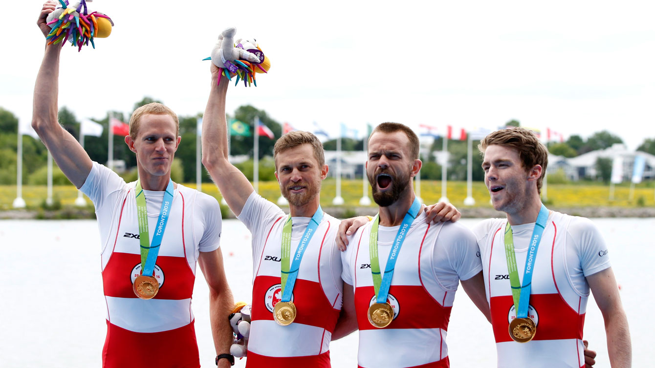 Maxwell Lattimer, Brendan Hodge, Nicolas Pratt and Eric Woelfl celebrate their Pan Am Games win on July 15, 2015.
