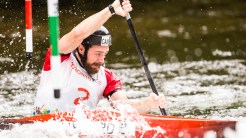 Ben Hayward competes in the men's C1 canoe slalom heats at the Minden Wild Water Preserve during the Pan Am Games in Minden, Ontario on July 18, 2015.