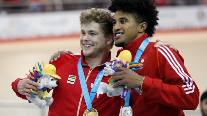 Hugo Barrette Canada's Hugo Barrette celebrates Gold in the Men's Sprint at Pan Am Games in Toronto Saturday, July 18, 2015. Photo by Michael P. Hall