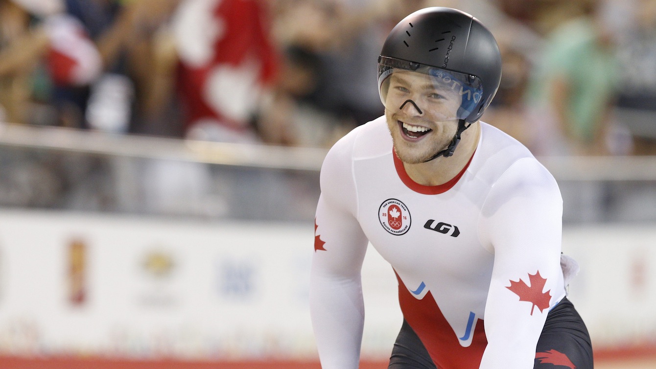 Canada's Hugo Barrette celebrates Gold in the Men's Sprint at Pan Am Games in Toronto Saturday, July 18, 2015. Photo by Michael P. Hall