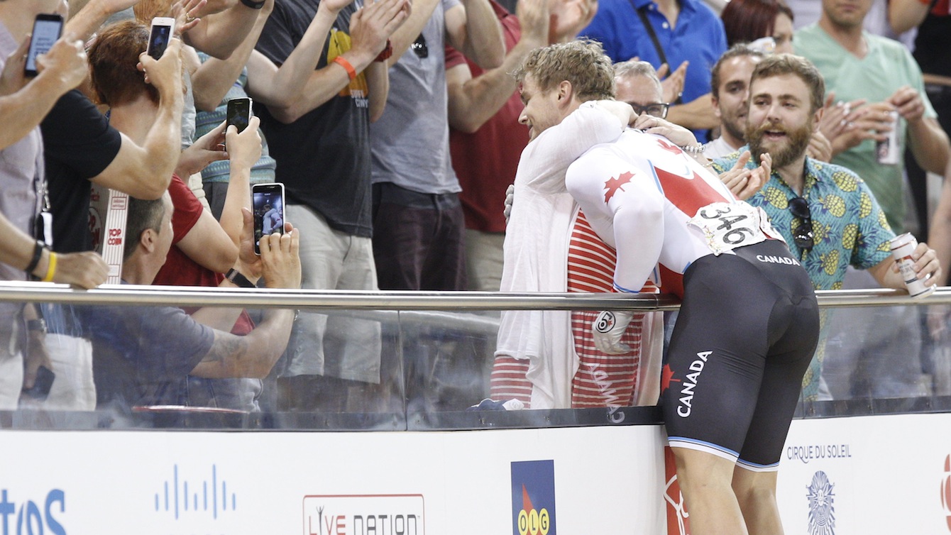 Canada's Hugo Barrette celebrates Gold in the Men's Sprint at Pan Am Games in Toronto Saturday, July 18, 2015.