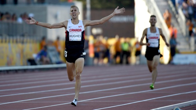 Matt Hughes Matt Hughes celebrates gold in the men's 3000m steeplechase