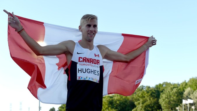 Matt Hughes Matt Hughes celebrates gold in the men's 3000m steeplechase
