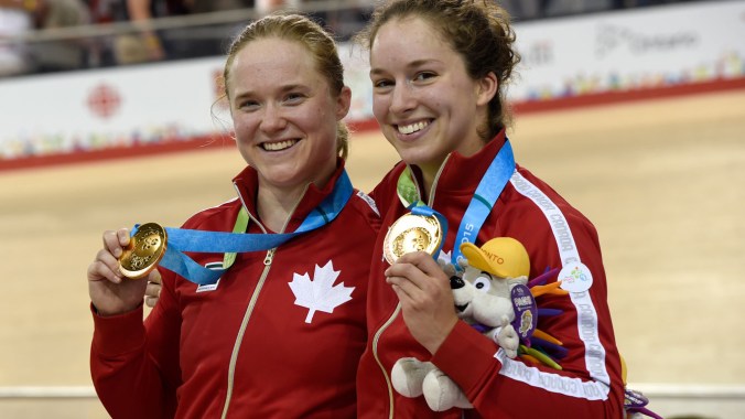 Kate O'Brien, Monique Sullivan Kate O'Brien (left) and Monique Sullivan after winning gold in the women's team sprint at Pan Am Games track cycling event on July 16, 2015.