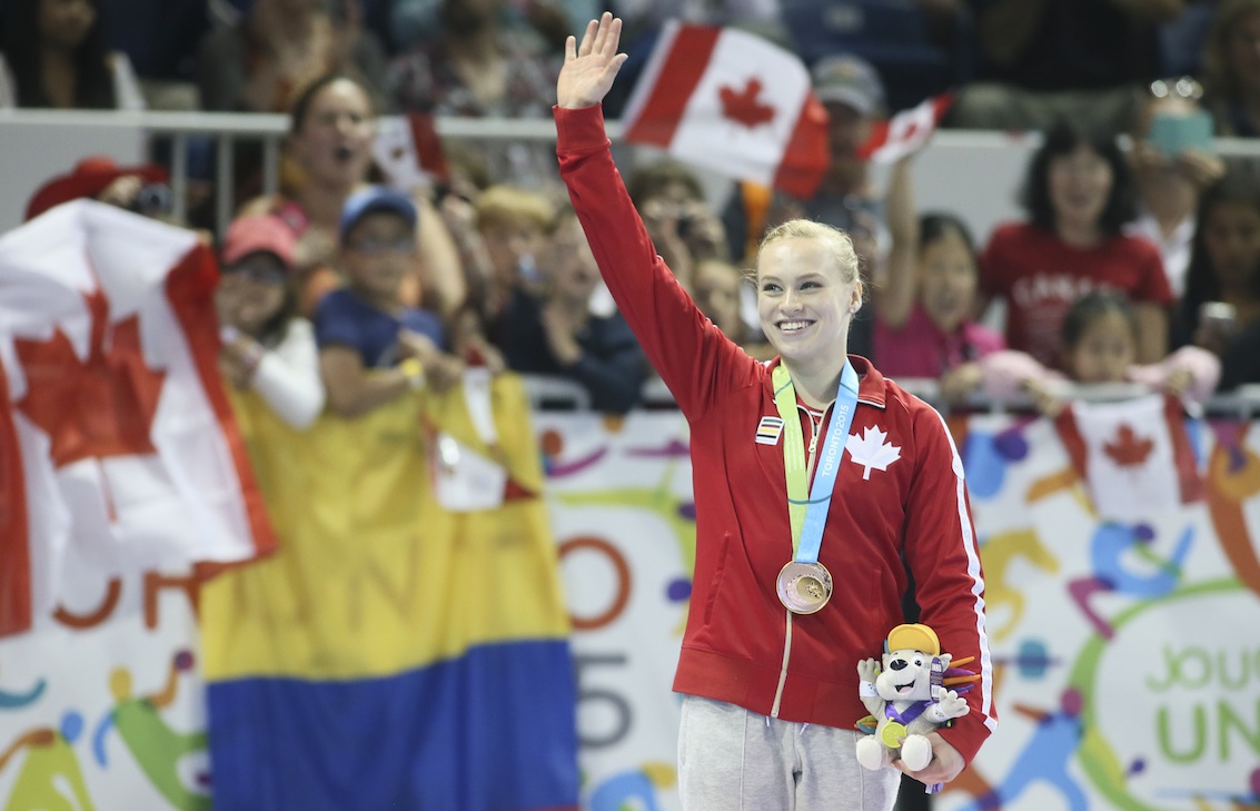 Ellie Black of Halifax celebrates her gold medal in floor exercise in artistic gymnastics competition at the Toronto 2015 Pan American Games.