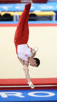 Kevin Lytwyn Kevin Lytwyn of Stoney Creek, Ont. in his silver medal routine in horizontal bar artistic gymnastics competition at the PanAmerican Games in Toronto, Wednesday, July 15, 2015. Photo by Mike Ridewood/COC