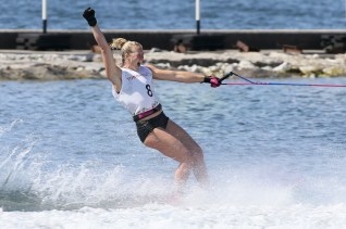 Whitney McClintock of Cambridge, Ontario takes the gold medal in slalom waterskiing at the Pan American Games in Toronto, Tuesday, July 21, 2015 (Photo by Mike Ridewood/COC).