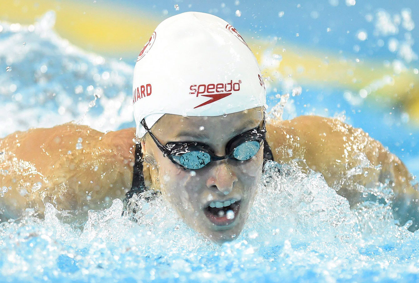 Katerine Savard races the women's 100m butterfly final at TO2015. She ended up third behind silver-medal winning teammate Noemie Thomas.