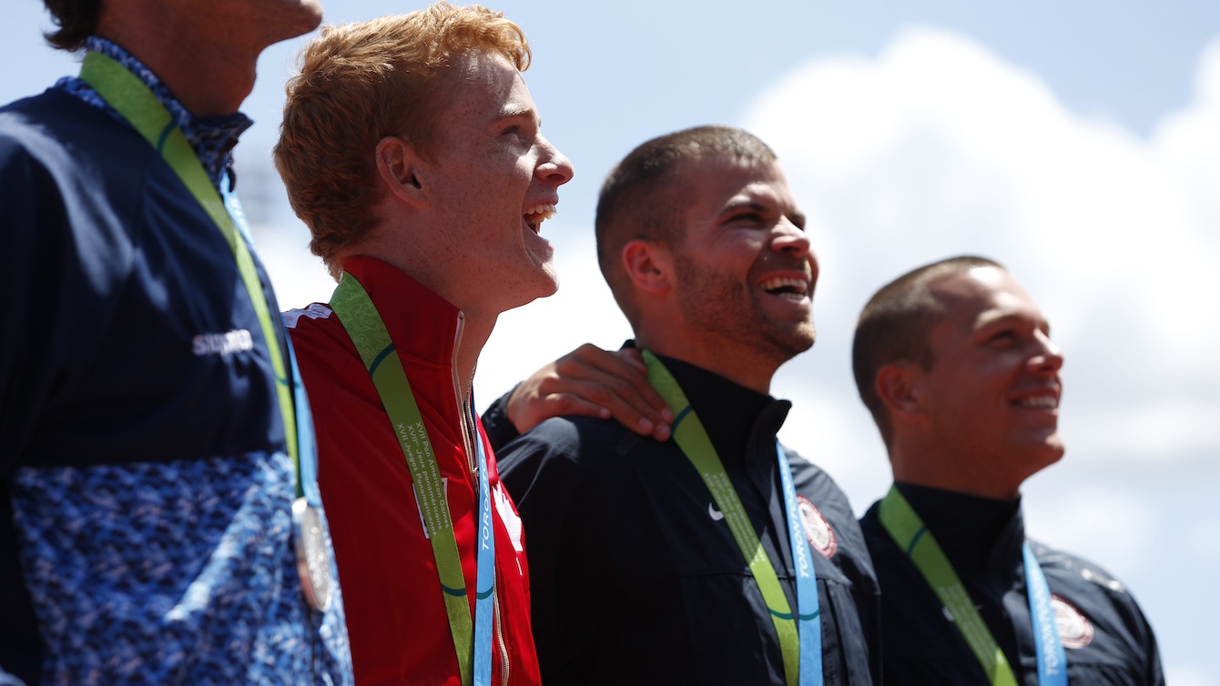 Shawnacy Barber celebrates gold in the men's pole vault at the Pan American Games in Toronto, July 21, 2015.