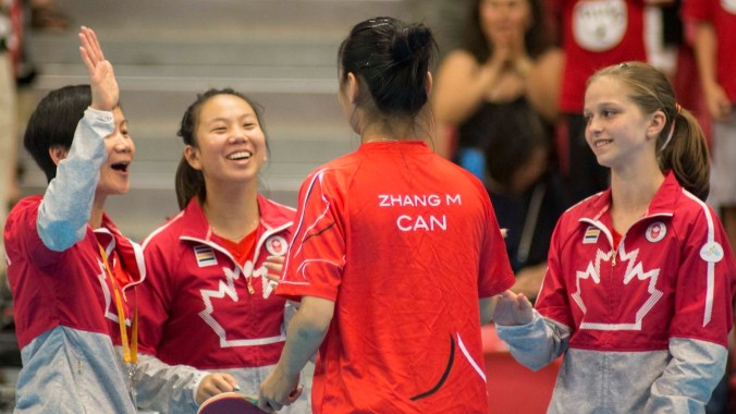 Canadian Women's Table Tennis Team Canadian women's table tennis team celebrating their win