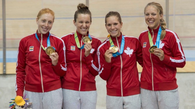 Women's Team Pursuit From left to right: Allison Beveridge, Laura Brown, Jasmin Glaesser and Kirsti Lay take home gold in the women's team pursuit at the Pan American Games in Toronto.