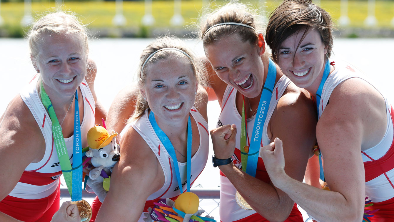 Kate Goodfellow, Kerry Shaffer, Carling Zeeman and Antje von Seydlitz after the women's quadruple sculls Pan Am Games win on July 15, 2015.