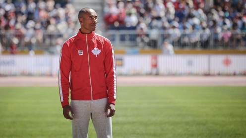 Damian Warner sports what is quickly becoming an iconic podium jacket from Hudson's Bay at 2015 Pan Am Games.