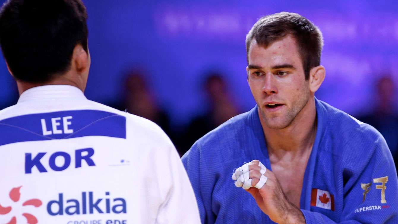 Antoine Valois-Fortier in his World Judo Championships bronze medal bout on August 27, 2015 (Photo: IJF Media by G. Sabau and Zahonyi).