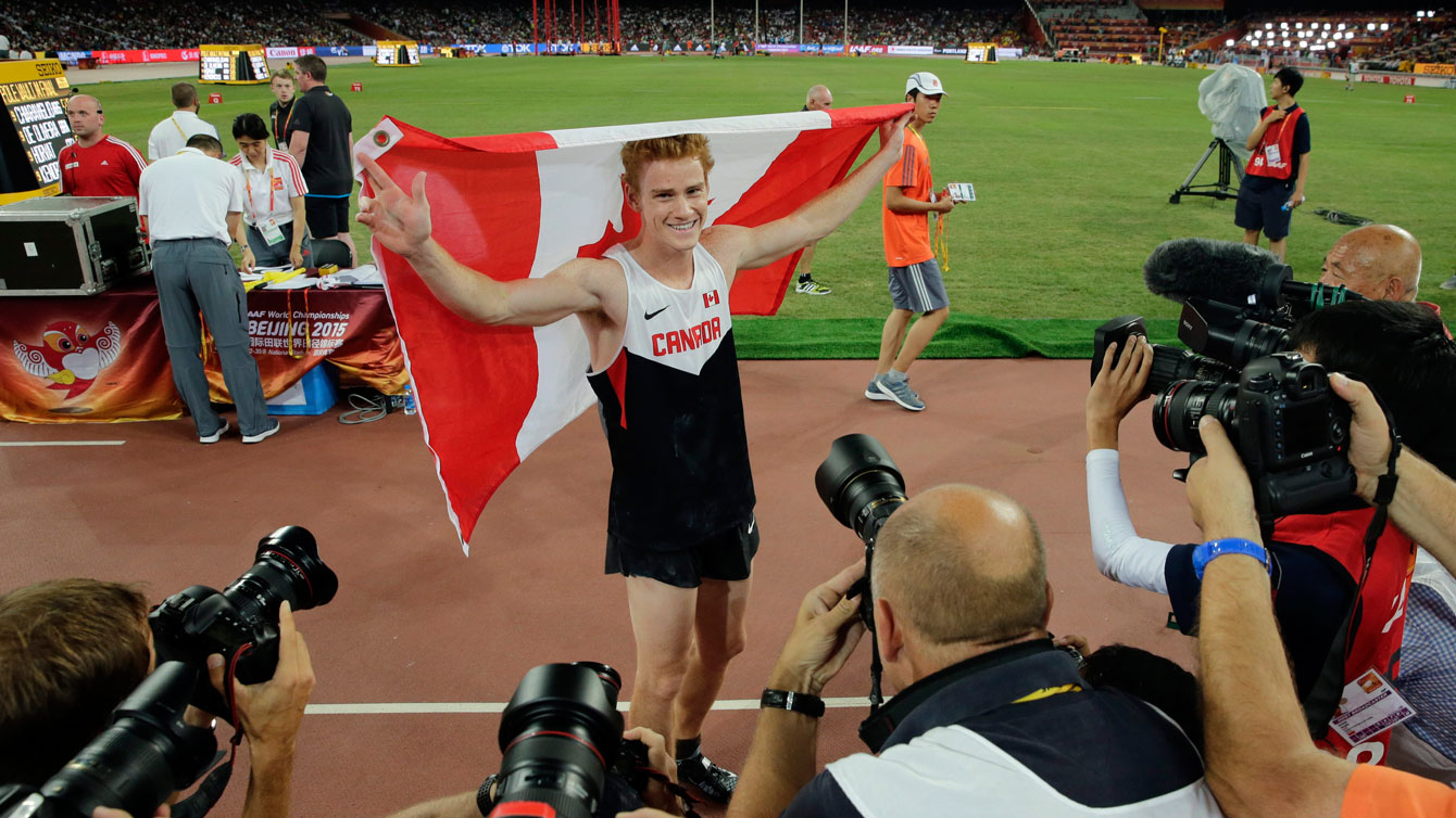Shawn Barber at the World Championships in Beijing on August 24, 2015 after winning the pole vault gold medal. 