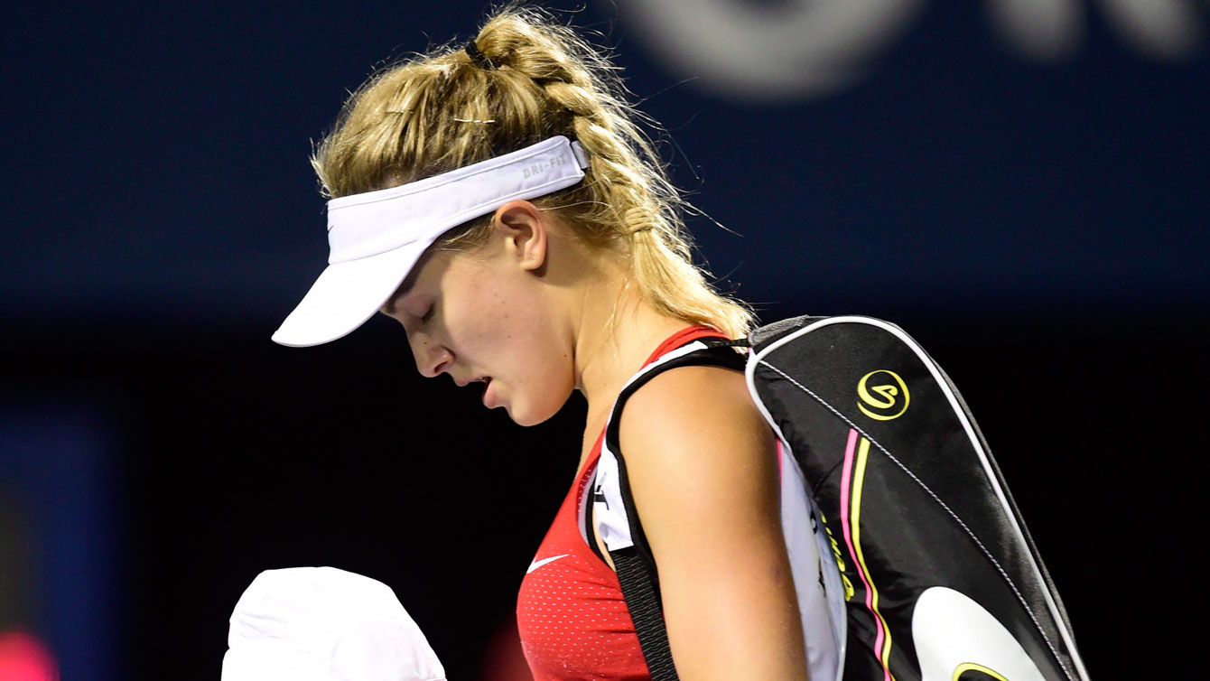 Eugenie Bouchard leaves the court after her first round exit at the Rogers Cup in Toronto on August 11, 2015.
