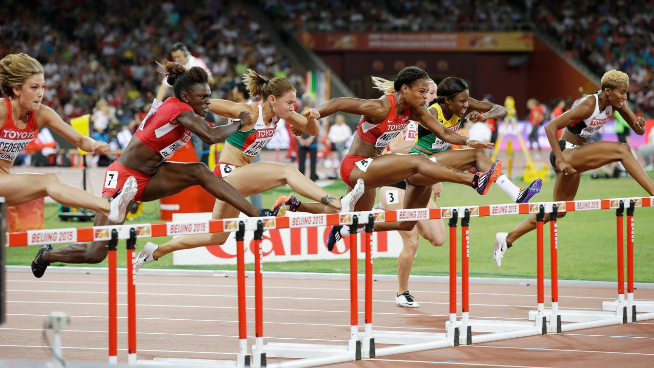 Phylicia George (far right) in the 100m hurdles semifinals on August 28, 2015. 