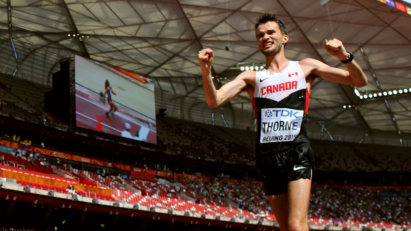 Ben Thorne as he crosses the finish line at the Bird's Nest after winning IAAF World Championship in Athletics bronze medal in 20km race walk on August 23, 2015 in Beijing, China.