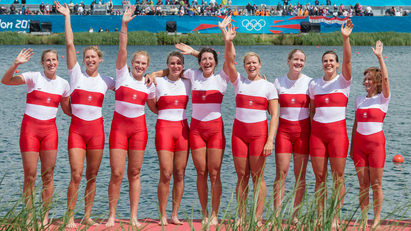 Canada's women's eight rowing team (L-R) Janine Hanson, Rachelle Viinberg, Krista Guloien, Lauren Wilkinson, Natalie Mastracci, Ashley Brzozowicz, Darcy Marquardt, Andreanne Morin and Lesley Thompson-Willie at London 2012 after their silver medal performance. 