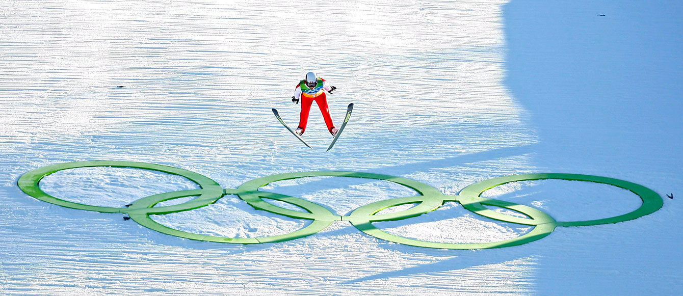 Ski jumper Eric Mitchell captured prior to landing at the Vancouver 2010 Olympic Winter Games. 