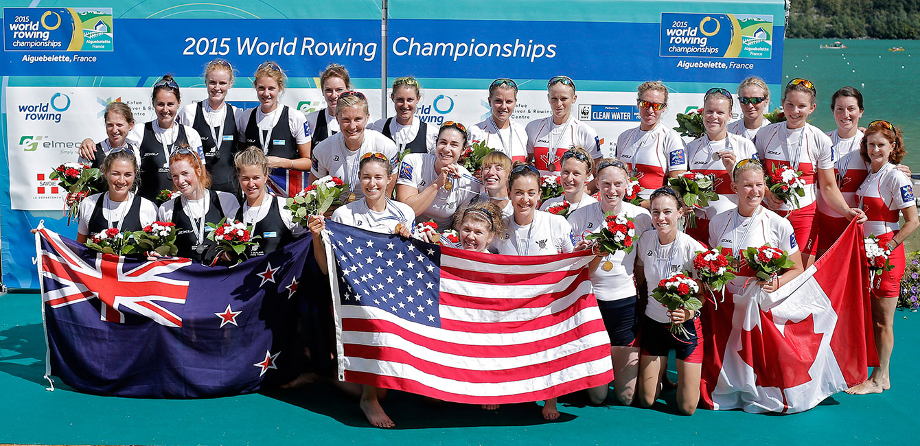 2015 World Rowing Championships - women's eight podium: USA (gold), New Zealand (silver), Canada (bronze).