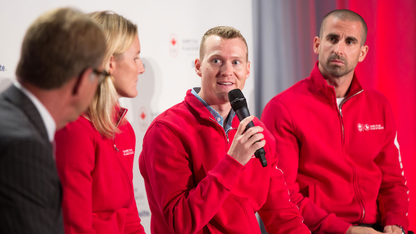 Olympic gymnastics gold medallist Kyle Shewfelt (at centre with mic) spoke at the launch of Game Plan on September 24, 2015.