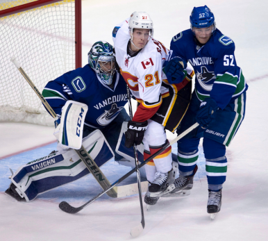 Flames vs. Canucks Vancouver Canucks goalie Richard Bachman, left, stops a shot from Calgary Flames' Jiri Hudler, from the Czech Republic, during NHL pre-season hockey action in Calgary, Friday, Sept. 25, 2015.