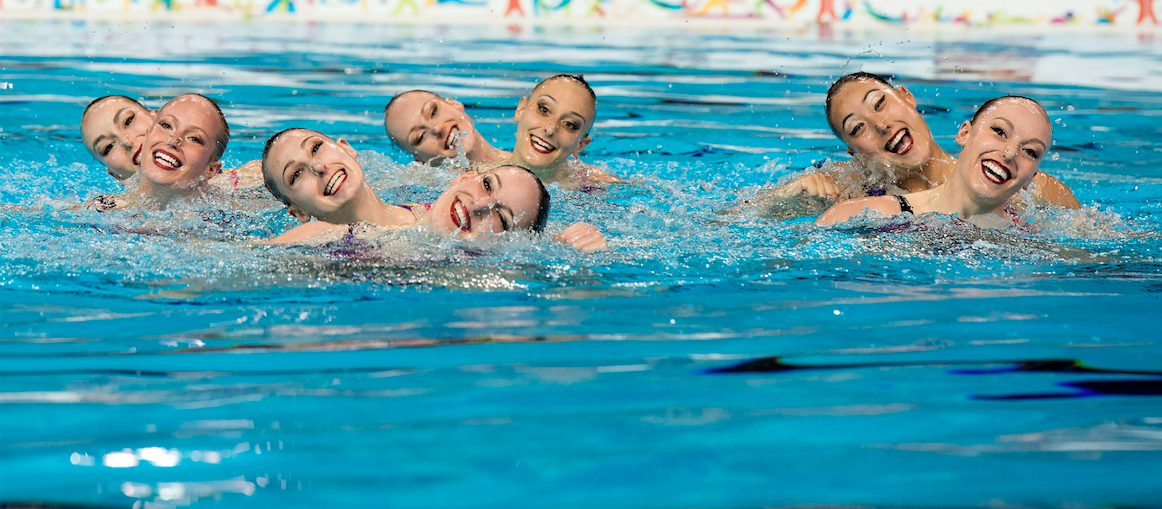 Team Canada perform their Gold medal winning routine in the Synchronized Swimming Team event at the Pan Am Games in Toronto on Saturday July 11, 2015. THE CANADIAN PRESS/Frank Gunn