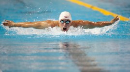 Alec Page competes in the 200m butterfly preliminary on July 14, 2015 at the Toronto 2015 Pan Am Games. Page finished fourth in the final, and was later bumped up to bronze due to a doping infraction to silver medallist Mauricio Fiol of Peru.