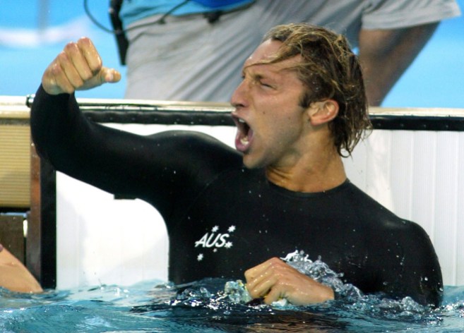 Ian Thorpe Ian Thorpe celebrates his gold medal in the 200m freestyle at Athens 2004. Look at that suit, tho.