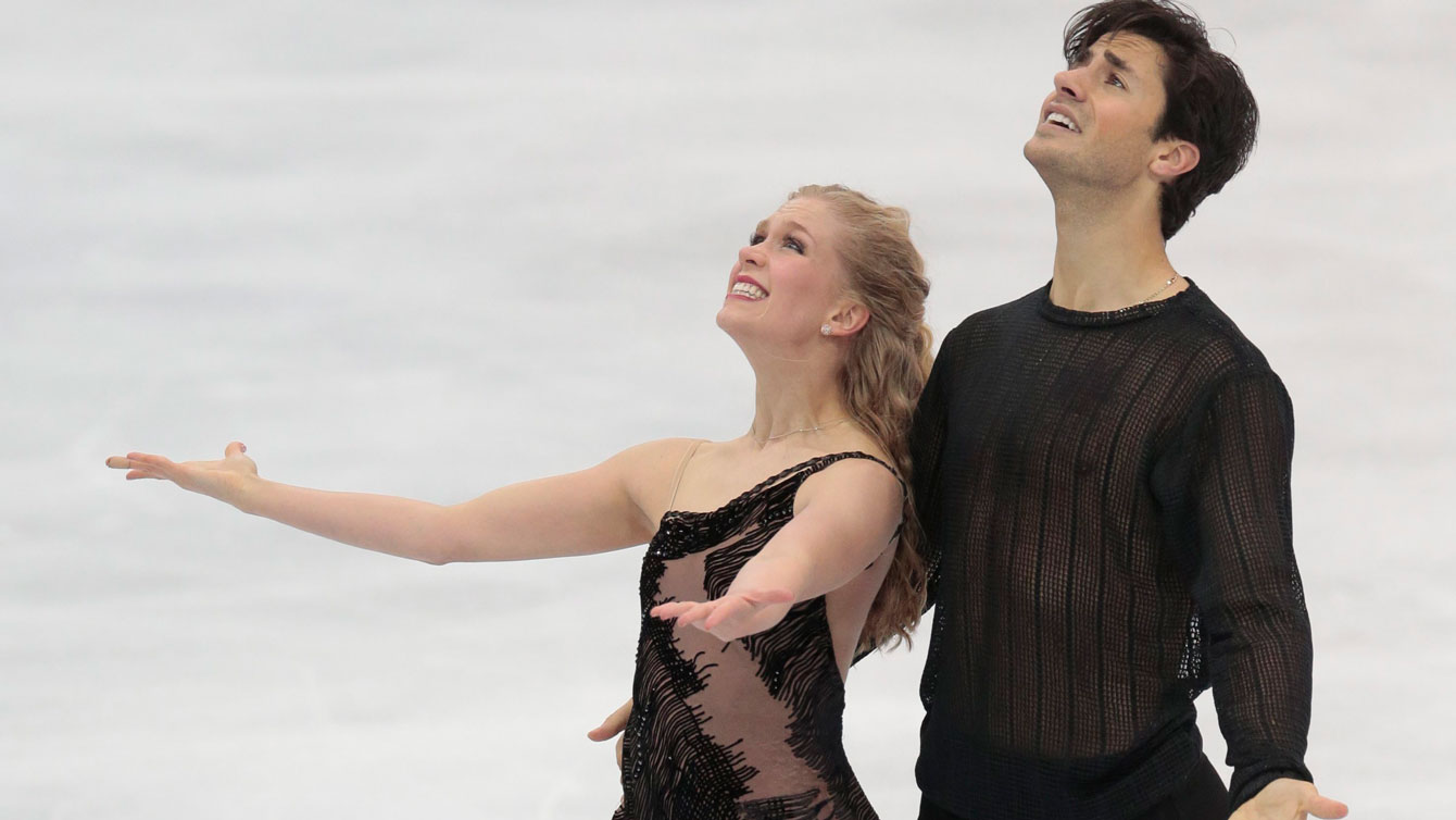 Kaitlyn Weaver and Andrew Poje at the end of their free dance at ISU Grand Prix in Moscow on November 21, 2015.