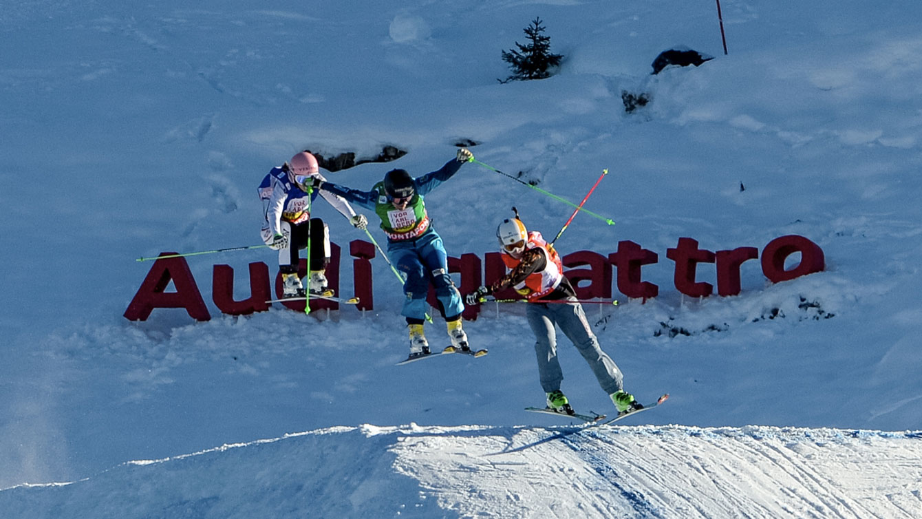 Marielle Thompson (right) races down the course in Montafon, Austria at the first World Cup event of the 2015-16 season (Photo: GEPA Pictures for FIS). 