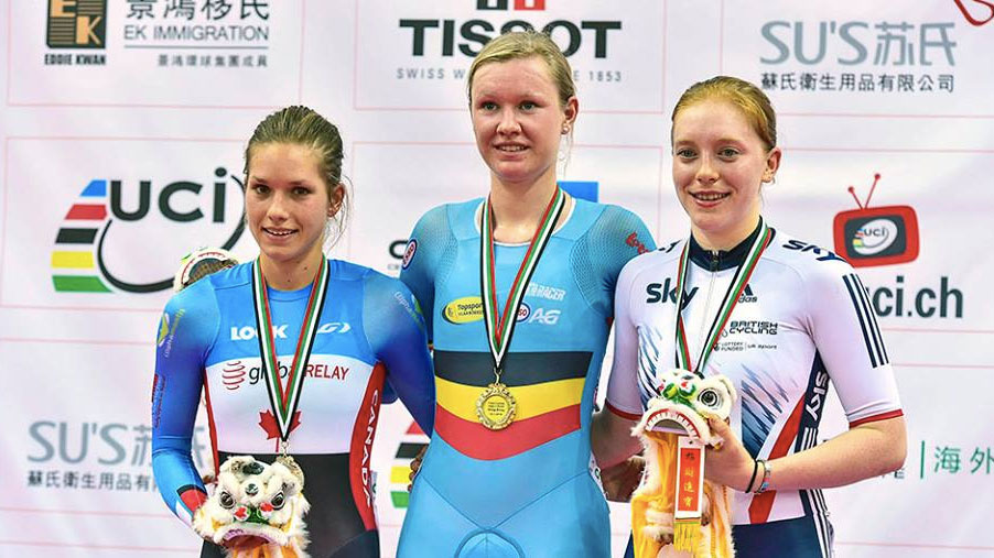 Jasmin Glaesser (left) took silver in an individual points race on Friday, January 15 in Hong Kong at the UCI Track Cycling World Cup (Photo: Cycling Canada).